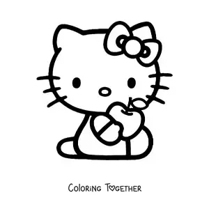 Coloring page of Hello Kitty holding an apple