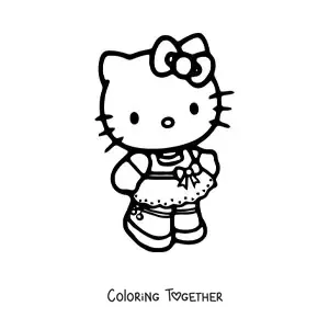 Coloring page of Hello Kitty wearing a dress