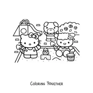 Coloring page of Hello Kitty playing with her friends in the park sandbox