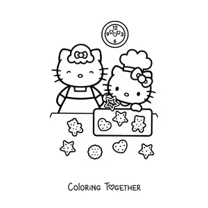 Coloring page of Hello Kitty baking cookies with her mom