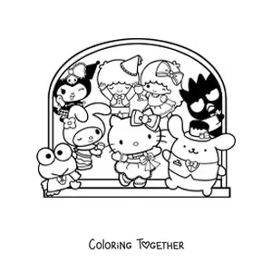 Coloring page of Hello Kitty with several of her Sanrio friends