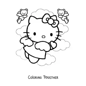 Coloring page of Hello Kitty dressed as an angel among the clouds with two little angel bears