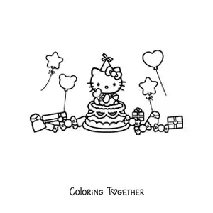 Coloring page of Hello Kitty on a birthday cake surrounded by balloons and gifts