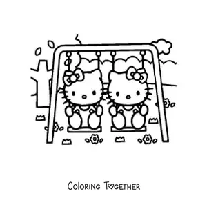 Coloring page of Hello Kitty sitting next to her sister on a swing