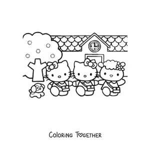 Coloring page of Hello Kitty with her friends in front of the school building
