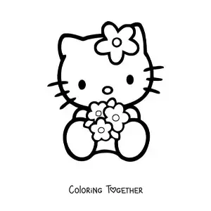 Coloring page of Hello Kitty sitting and holding a bouquet of flowers