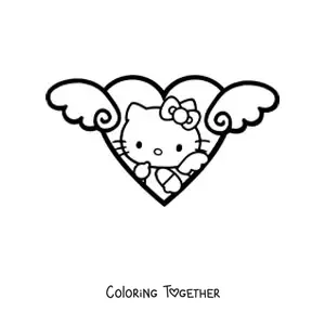 Coloring page of Hello Kitty dressed as an angel inside a heart with wings