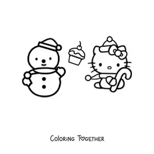 Coloring page of Hello Kitty dressed for Christmas next to a snowman