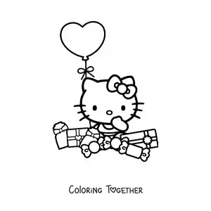 Coloring page of Hello Kitty sitting surrounded by gifts and a balloon