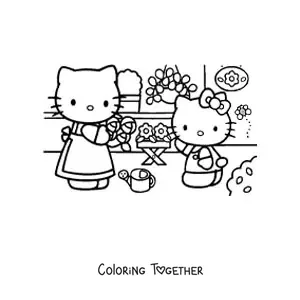 Coloring page of Hello Kitty arranging flowers with her mom
