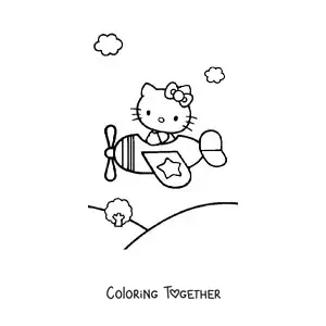 Coloring page of Hello Kitty piloting a plane over a mountain landscape