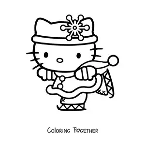 Coloring page of Hello Kitty ice skating with a snowflake decoration