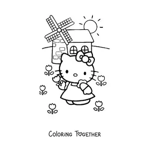 Coloring page of Hello Kitty in a garden next to a windmill