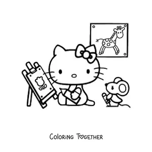 Coloring page of Hello Kitty painting on an easel next to a little mouse