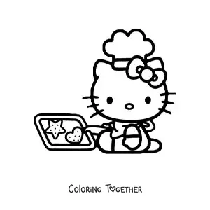 Coloring page of Hello Kitty in a chef's hat holding a tray of freshly baked cookies
