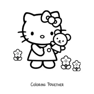 Coloring page of Hello Kitty among flowers holding a teddy bear in her hand