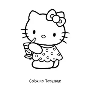 Coloring page of Hello Kitty dressed for summer drinking a soda
