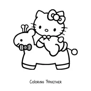 Coloring page of baby Hello Kitty on a toy giraffe