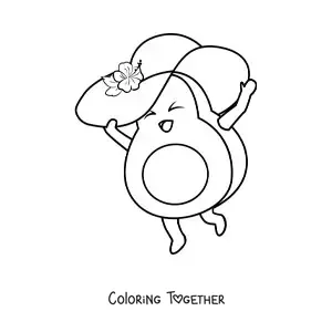 Coloring page of a cartoon avocado wearing a summer hat with a flower