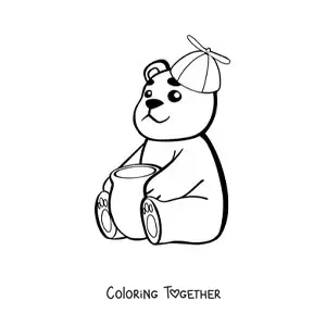 Coloring page of a cartoon kawaii baby bear with a jar of honey