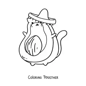 Coloring page of a cartoon avocado-shaped cat wearing a Mexican hat