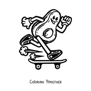 Coloring page of a cartoon avocado riding a skateboard at full speed