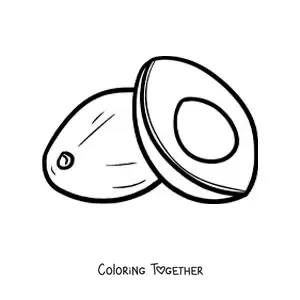 Coloring page of a sliced avocado next to a whole avocado