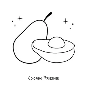 Coloring page of half an avocado next to a whole avocado