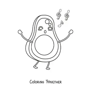 Coloring page of a cartoon avocado singing with floating musical notes