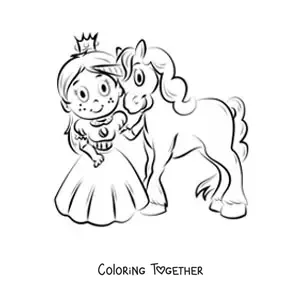 Animated coloring page of a little princess girl with a unicorn