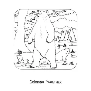 Coloring page of three wild grizzly bears in the forest