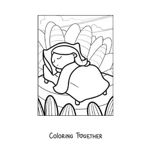 Coloring page of a girl sleeping peacefully in a bed with a landscape in the background