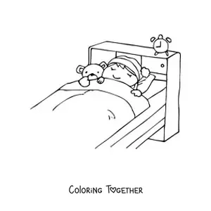 Coloring page of a girl sleeping in a bed next to a teddy bear and an alarm clock