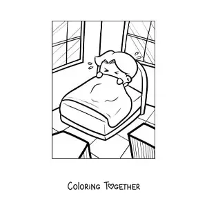 Coloring page of a frightened child in bed pulling the sheets over himself