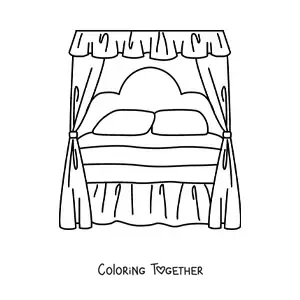 Coloring page of an antique canopy bed with two pillows