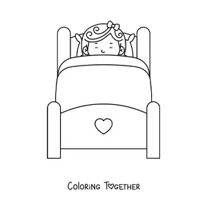 Coloring page of a wooden bed with a girl sleeping all tucked in