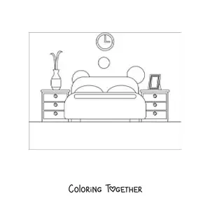 Coloring page of a room with a double bed