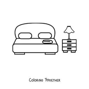 Coloring page of a double bed with two pillows next to a nightstand