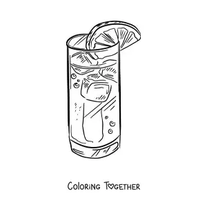 Coloring page of a realistic glass full of soda and ice, garnished with a slice of lemon