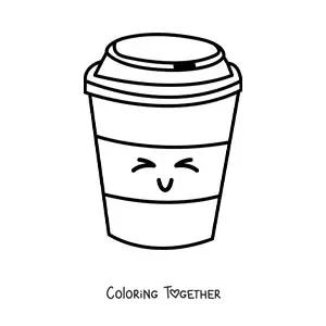 Coloring page of a cartoon coffee cup smiling with its eyes closed