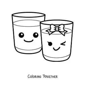 Coloring page of a full kawaii cup decorated with a bow next to another full kawaii cup