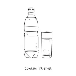 Coloring page of a bottle next to a glass full of water
