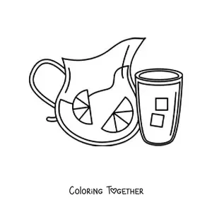 Coloring page of a full glass next to a pitcher full of lemonade with ice