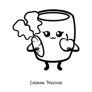 Coloring page of a full kawaii glass with hands and feet holding an apple and a carrot