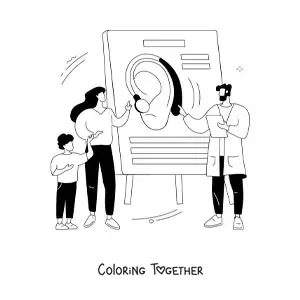 Coloring page of a doctor explaining to his patients how hearing works