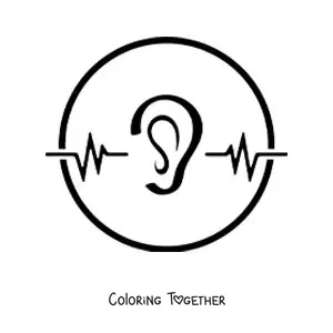 Coloring page of an ear inside a circle next to audio wave lines