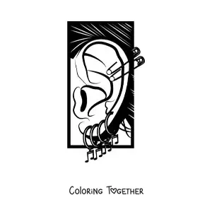 Coloring page of a human ear decorated with piercings