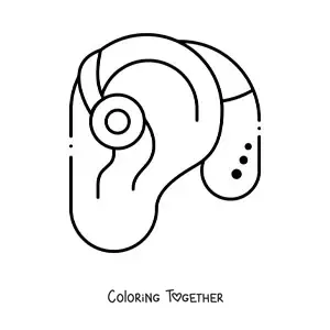Coloring page of a hearing aid placed on an ear