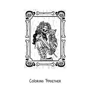 Coloring page of a portrait of a skeleton woman dressed for the Day of the Dead with a skeleton cat