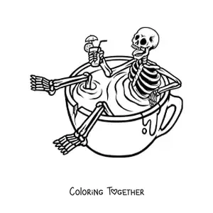 Coloring page of an animated human skeleton having a refreshing drink while sitting inside a full cup